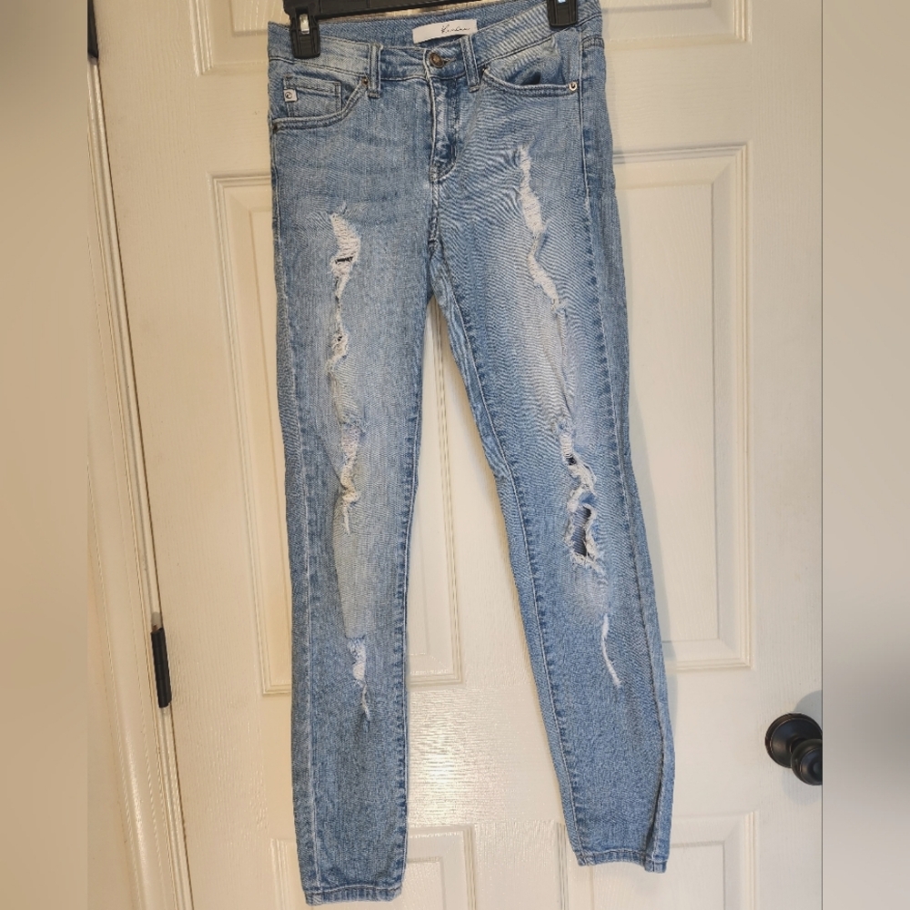 KanCan Medium/Light Wash Distressed Boyfriend Jeans, Size 25